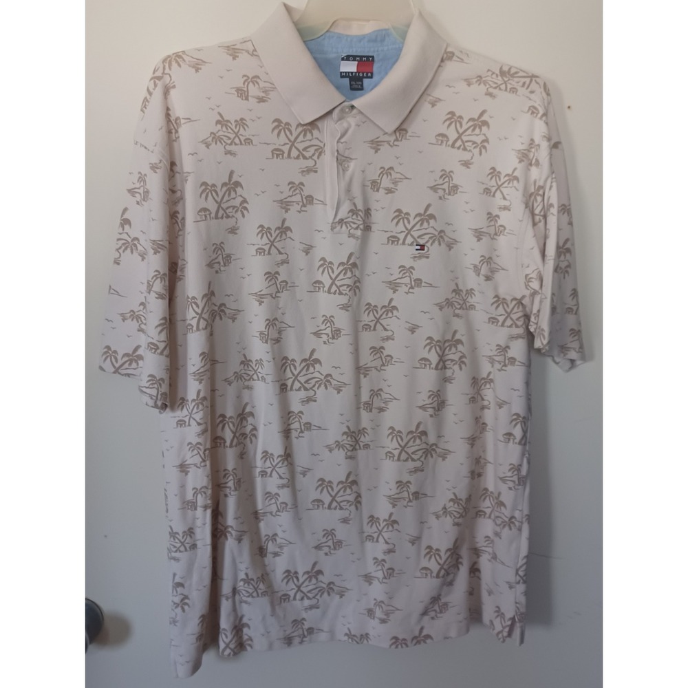 Tommy Hilfiger Mens XXL‎ Cream Tropical Palm Tree Print Cotton Pique Polo Shirt